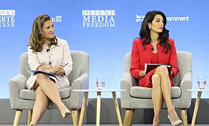 Chrystia Freeland and Amal Clooney at the Global Conference for Media Freedom - 2019 (48264889267) (cropped)