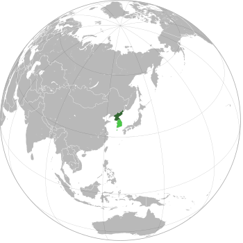 Land controlled by North Korea shown in dark green; claimed but not controlled land shown in light green
