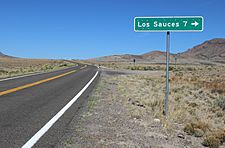 Distance road sign for Los Sauces