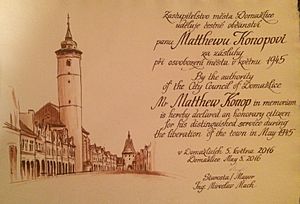 Document from the city of Domazlice granting honorary citizenship to Col. Matt Konop in May 2016