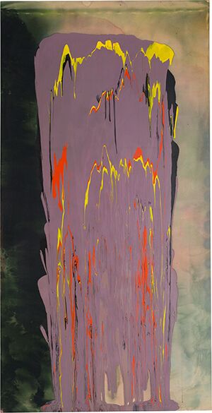 Frank Bowling, Grating Rhymes, 1975, acrylic on canvas, 233.5 x 119.5 cm. Courtesy the artist. Photographed by Charlie Littlewood