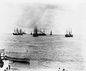 German, British, American warships in Apia harbour, Samoa 1899