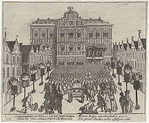 Het Twaalfjarig Bestand in Antwerpen afgekondigd - Twelve Years' Truce declared in Antwerp (Frans Hogenberg)