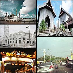 From top right clockwise: Terengganu State Museum, Tengku Mizan Road leading to the city, Chinatown, Abidin Mosque, and Crystal Mosque