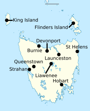 Labelled map of Tasmania for Climate of Australia article