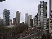 The emerging cluster in Lewisham also known as Lewisham Gateway, and first Borough of Sanctuary, which includes 209 Connington Road Tower at 117m tall which is the white building in the centre and Lewisham Exchange at 105m tall to the left of it. All of the high-rises shown in this picture are residential with the exception of the grey building shown in the immediate right foreground which was formerly the London offices of Citigroup until they relocated to 25 Canada Square at Canary Wharf in 2001
