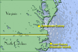 Map showing location of Jamestown and Roanoke Island Colonies