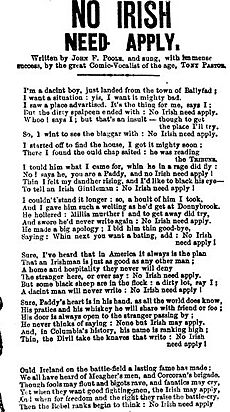 No Irish Need Apply (lyric sheet)