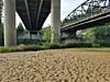 A small sandy river beach with concrete bridges overhead