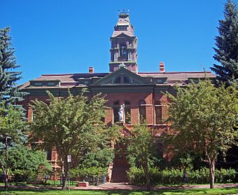 An ornately decorated brick building with a multicolored tiled lightly peaked roof and a central tower, also ornate. There are small trees in front. On a small projection from the front is a silvery statue of a woman.