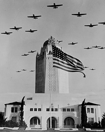Randolph Field - Taj Mahal building with training aircraft.jpg