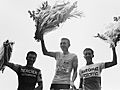 Raymond Poulidor, Jacques Anquetil and Federico Bahamontes podium, Tour de France 1964 (cropped)