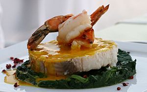 Rock salmon with shrimp and saffron sauce on a bed of spinach (2600406103)