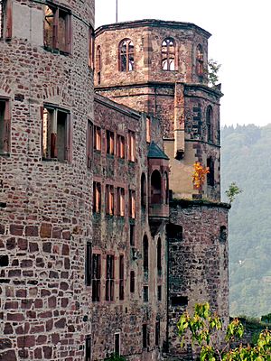 Schloss Heidelberg - Ostfassade - lm Vordergrund der Apotheker Turm - mitte Ottheinrichbau - mitte rechts Gläserner Saalbau - rechts Glockenturm (7615661742)
