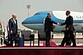 Shimon Peres observes Binyamin Nitanyahu greeting Barack Obama