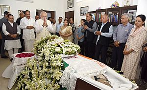 The Prime Minister, Shri Narendra Modi paying homage at the mortal remains of the former Lok Sabha Speaker, Shri P.A. Sangma, in New Delhi (1)