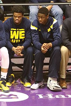 20150303 Derrick Walton and Caris LeVert on the bench (2)