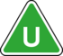 Green triangle with white U in the centre