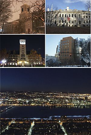 met de Klok mee vanaf linksboven: Christus Kerk, University Hall van de Universiteit van Harvard, Ray en Maria staten bestaan Center van het Massachusetts Institute of Technology, de Cambridge skyline en de Charles River in de nacht, en Cambridge City Hall