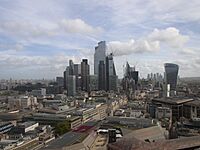 The City of London skyline as viewed from St Paul's Cathedral, October 2022. The tallest building shown here is 22 Bishopsgate at 278m, which topped out in 2019. Since its construction the famous "Gherkin" building is no longer visible from this angle. There are currently four towers in this cluster that are above 200m tall with three more approved to be constructed, 1 Undershaft at 290m tall, 55 Bishopsgate at 269m tall, and 100 Leadenhall at 249m tall, by 2026. Also shown in the far distance on the left is the emerging cluster in Stratford