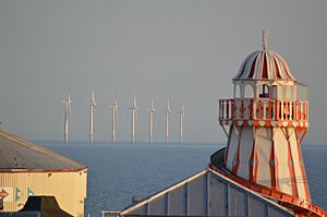 Clacton Pier helter-skelter and Gunfleet wind farrm