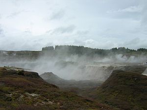 The Craters of the Moon, a steamfield close by, created by the use of geothermal energy changing the underground pressure situation.