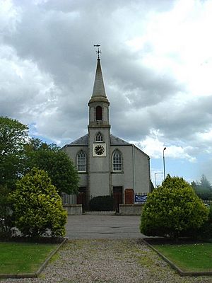 front of the church with spire