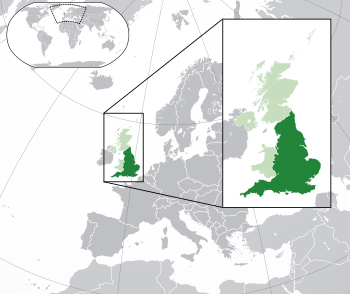 Location of  England  (dark green)– on the European continent  (green & dark grey)– in the United Kingdom  (green)