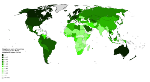 Happiness score of countries according to the World Happiness Report (2018)