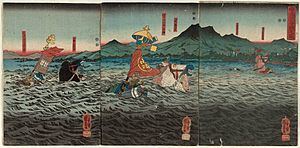 Kagesue, Takatsuna and Shigetada crossing the Uji river