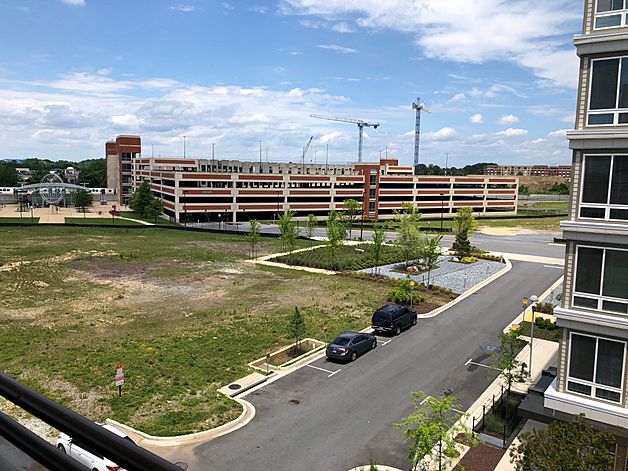 Largo Metro Center Station as seen from the Apollo Ascend Apartments, with construction of the New Prince Georges County Regional Medical Center in the background.