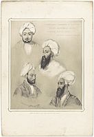 Lithograph titled 'Dost Mahomed Khan (Dost Mohammad Khan) and Part of His Family', by Emily Eden in 1841 (in Calcutta), published in 'Portraits of the Princes & People of India' in 1844