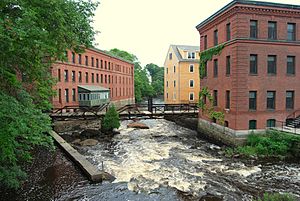 Neponset River at Lower Mills (2009). Dorchester on the left, Milton on the right (south) side of the river.