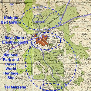 Map illustrating the locations of Kibbutz Beit Guvrin, historical Bayt Jibrin-Eleutheropolis, the ancient caves World Heritage Site, and Tel Maresha (1940s Survey of Palestine map with modern overlay)