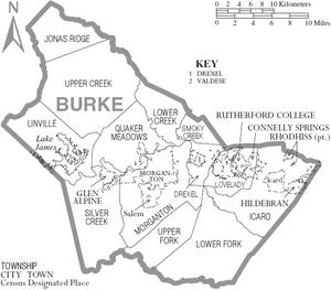 Map of Burke County North Carolina With Municipal and Township Labels