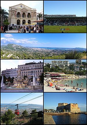 Top left: Toulon Opera House, Top right: Mayol Stadium (Le Stade du Mayol), 2nd: Panoramic view of downtown Toulon and its port, 3rd left: Place de la Liberté, 3rd right: The beaches of Mourillon, Bottom left: The cable car to Mount Faron, Bottom right: Fort Saint-Louis