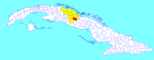 Placetas municipality (red) within  Villa Clara Province (yellow) and Cuba