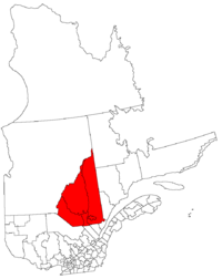 Saguenay-Lac-Saint-Jean's location in comparison to the whole Canadian province of Quebec.