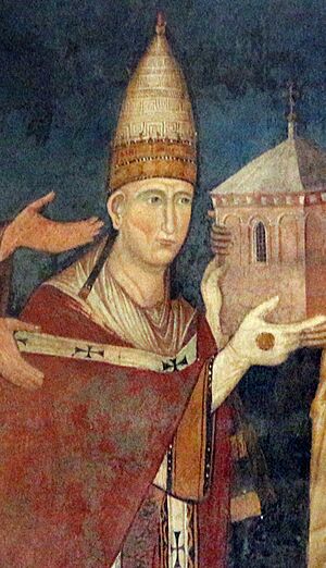 Scuola romana, affreschi del sancta sanctorum, 1280 ca., Niccolò III dona la chiesa ai ss. pietro e paolo 03 (cropped) (cropped)