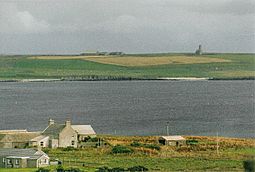 Egilsay from Rousay with St Magnus Church on the skyline