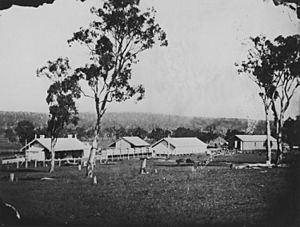 StateLibQld 1 104584 Railway buildings and Mill Hill Station at Warwick, Queensland, ca.1875