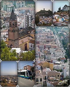 Collage of Velez-Malaga. Top left:San Juan Bautista Church, Top middle:View of Vélez-Málaga Fortress, from Remedios Hill, Top right:View of Los Remedios Hermitage、from San Cristbal Hills, Bottom left:View of downtown Vélez-Málaga, from Ermita Remedious Hill, Bottom middle:Vélez-Málaga tramway, near Torre del Mar Beach, Bottom right:View of Vivar Tellez Avenue from San Cristbal Hills