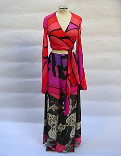 1972 pink, black and red "Insects" two-piece dress by Yannis Tseklenis