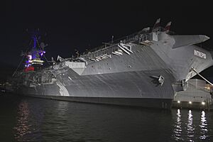 A635, USS Intrepid at night, Pier 86 at 46th Street, Manhattan, July 2019