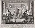 Men working at desks on engravings, in the background art patrons examining framed pictures