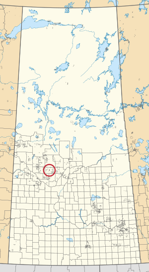 A map of the province of Saskatchewan showing 297 rural municipalities and hundreds of small Indian reserves. One is highlighted with a red circle.