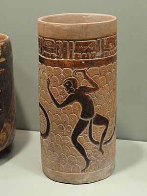Cylinder Vase with spider monkeys, 650-750 AD, Maya culture, central Peten lowlands, Belize or Guatemala, earthenware with brown-black slip - Gardiner Museum, Toronto - DSC01166