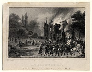 HUA-201065-Gezicht op het middeleeuwse kasteel Oud Amelisweerd tussen Utrecht en Bunnik door Franse troepen in brand gestoken met op de voorgrond Franse soldaten