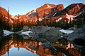 Hallet's Peak reflected in Lake Haiyaha at darn in Rocky Mountain National Park. NPS-Debra Miller (18659267056)