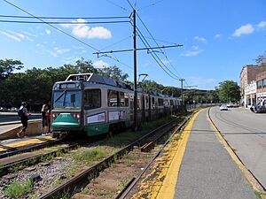 Inbound train at Packards Corner station, August 2018